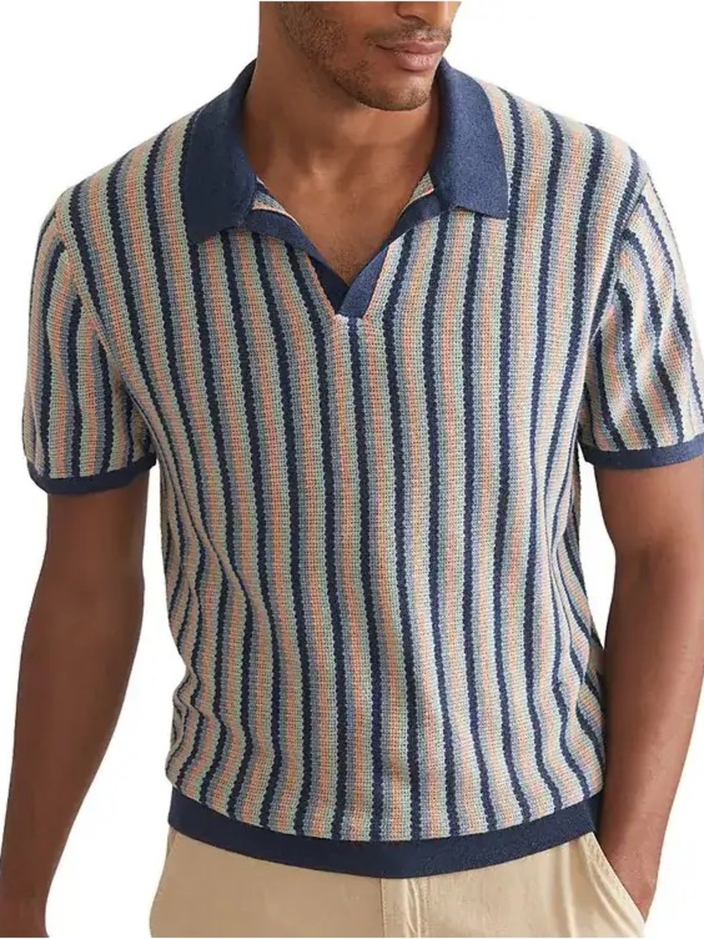 Marine layer Liam textured Polo sweater. Color cool stripe size L 100% cotton